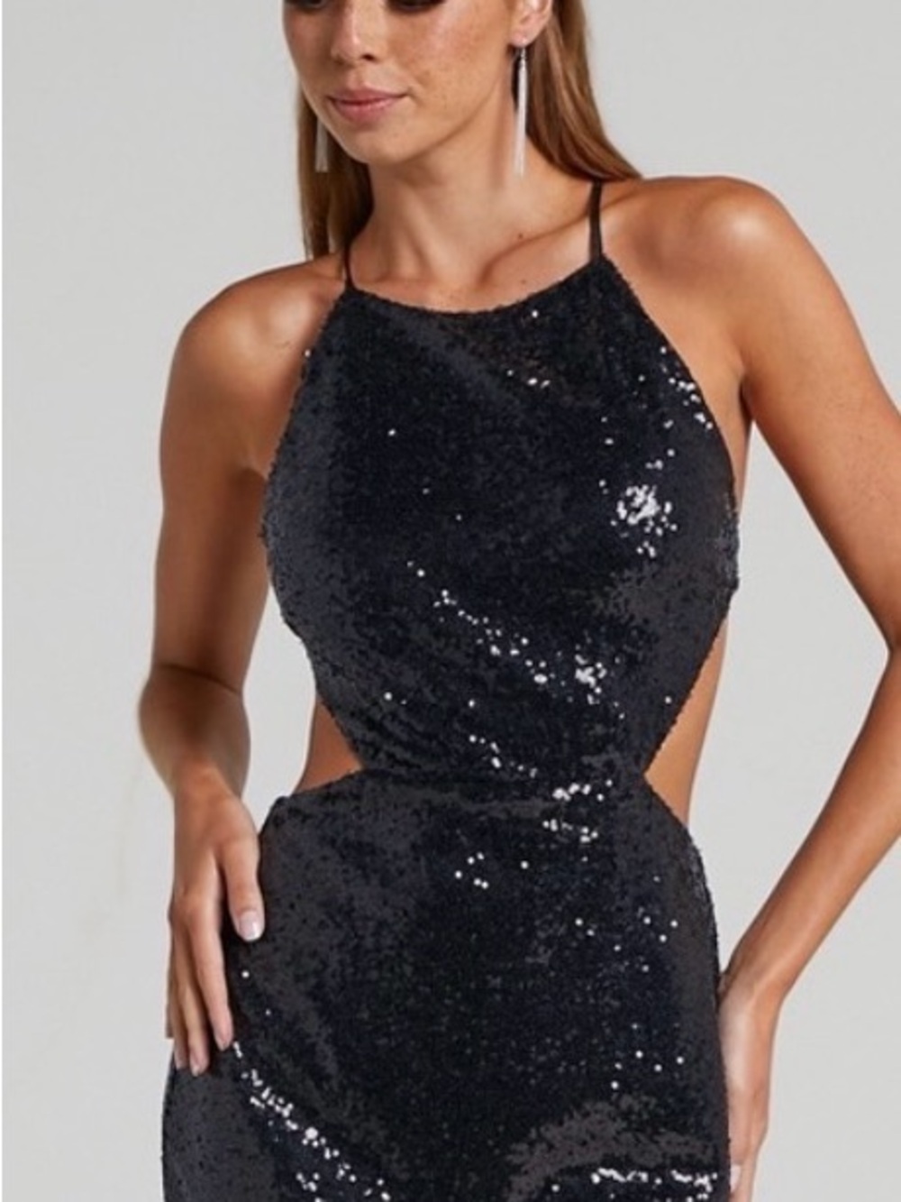 Showpo Black Sequin Backless Halter Cutout Gown